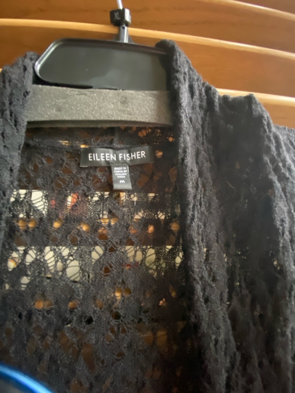Eileen Fisher M Black Lacy Light Weight Wool Lacey Cardigan Elbow Length Sleeves - Picture 2 of 14